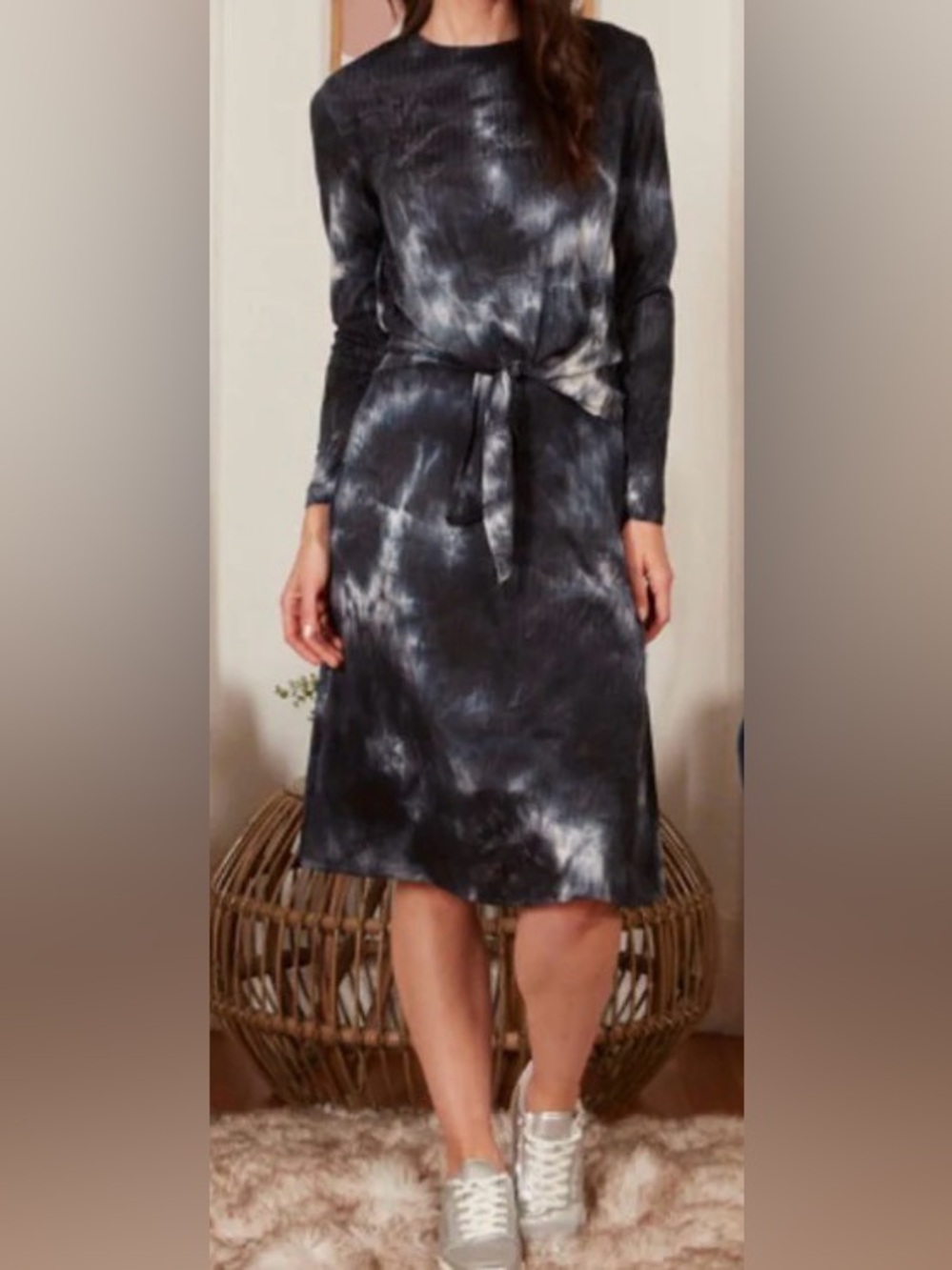 Fraiche by J Tie-Dye Long Sleeve Midi Slit Dress with Waist Tie - NWT - Size S